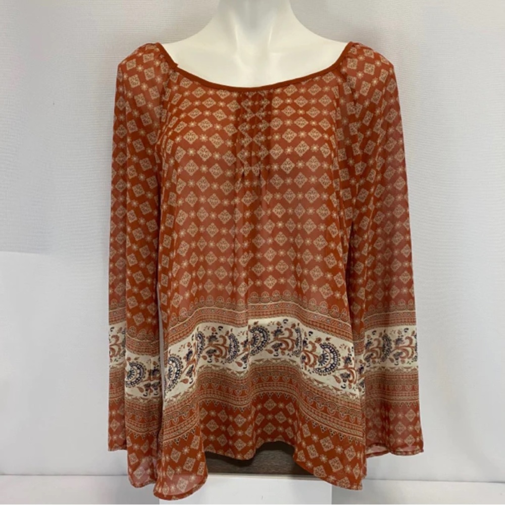 Sweet Journey Mixed Floral Bell Sleeve Rust Semi Sheer Blouse. EUC. Sz M
